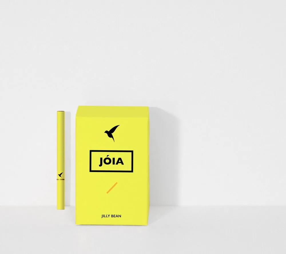 Yellow Jóia pre-roll and box labeled Jilly Bean